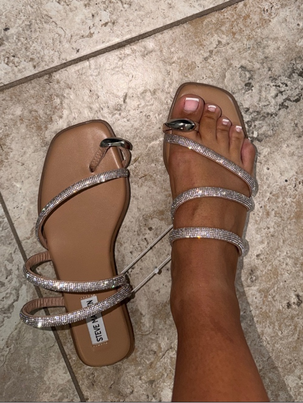 Steve Madden Nude Rhinestone Strappy Toe-Loop Sandals